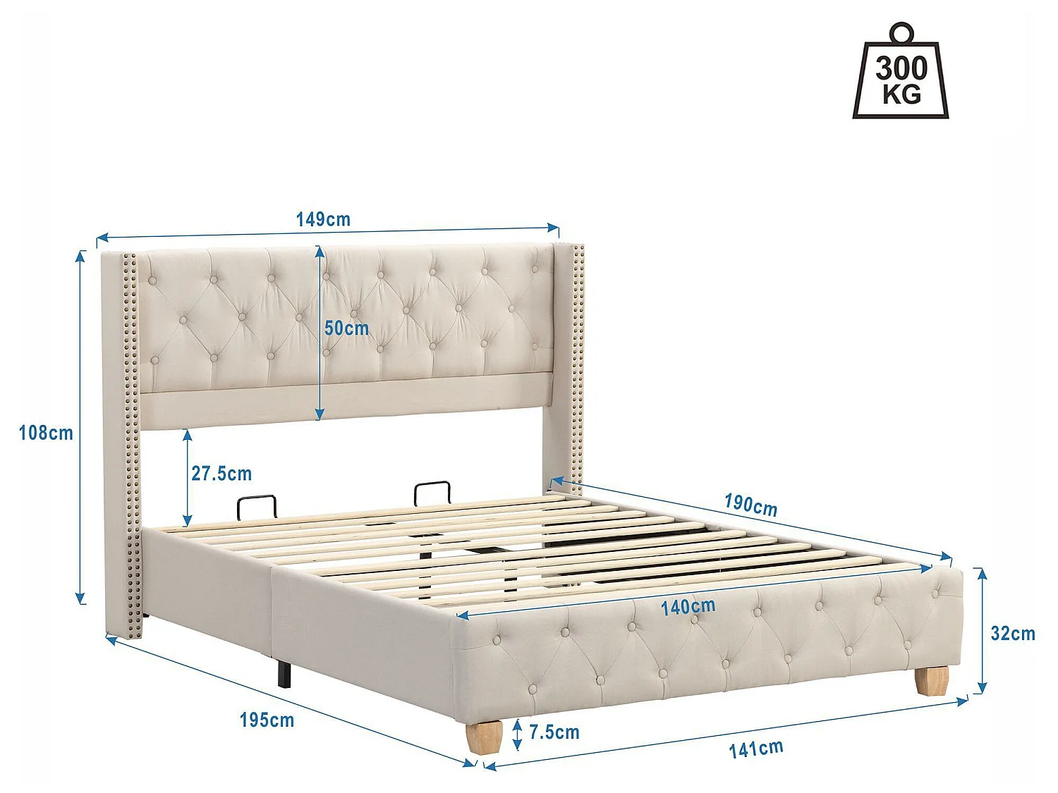 Lit double rembourré en velours 140x190cm avec sommier à lattes - Beige