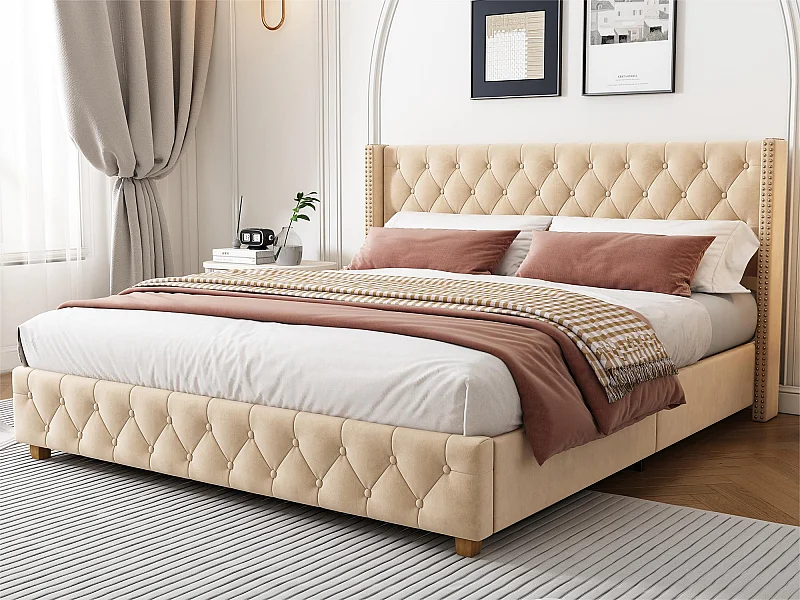 Fluweel gecapitonneerd volwassen bed - 160x200 cm - met lattenbodem - Beige