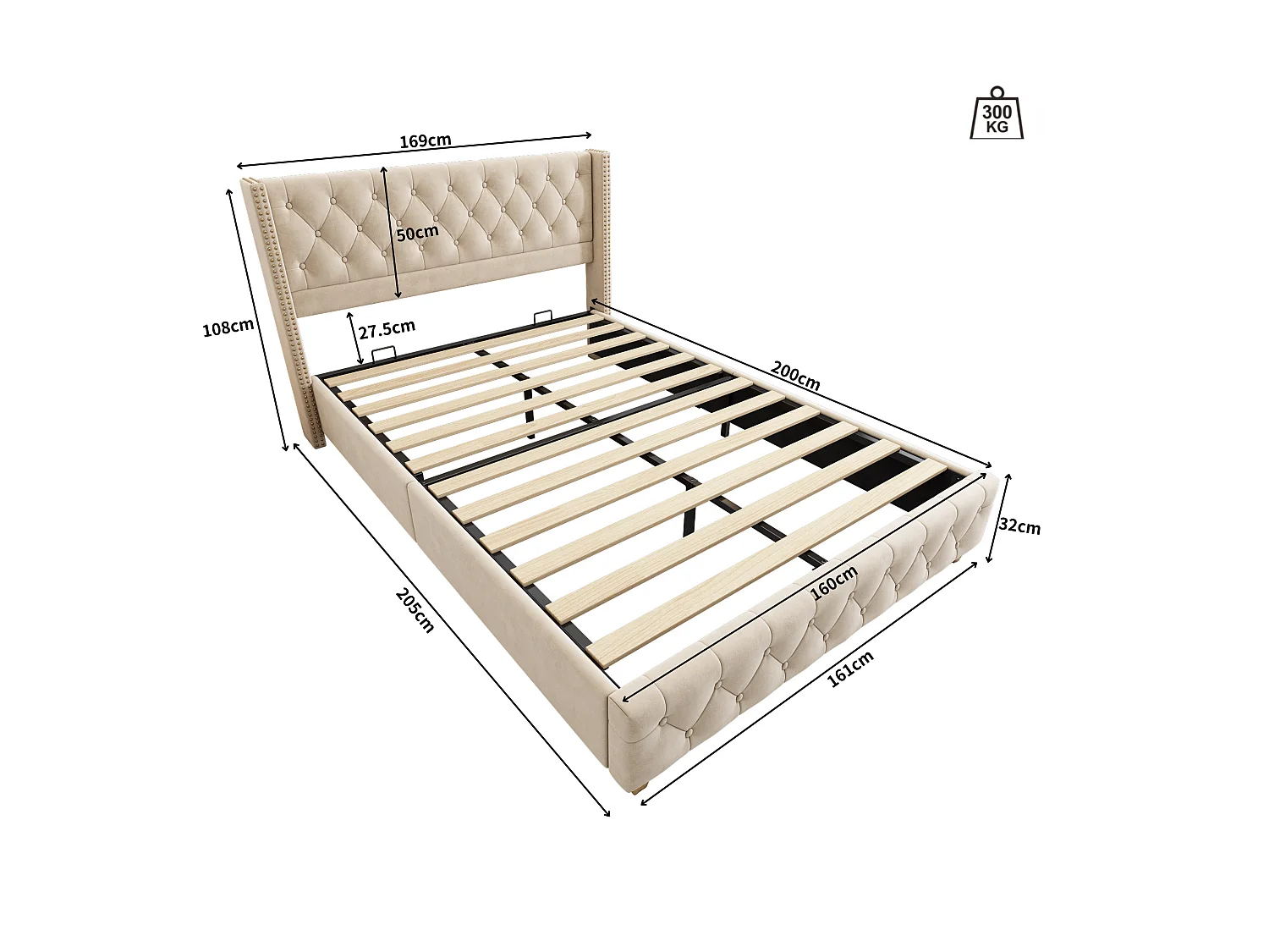Letto adulto imbottito in velluto - 160x200 cm - con rete a doghe - Beige