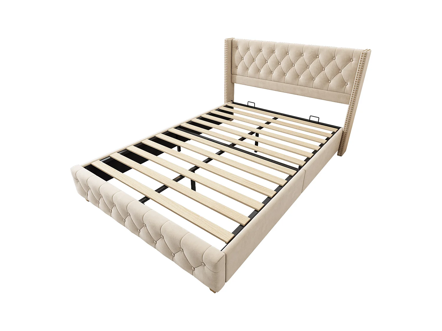 Letto adulto imbottito in velluto - 160x200 cm - con rete a doghe - Beige