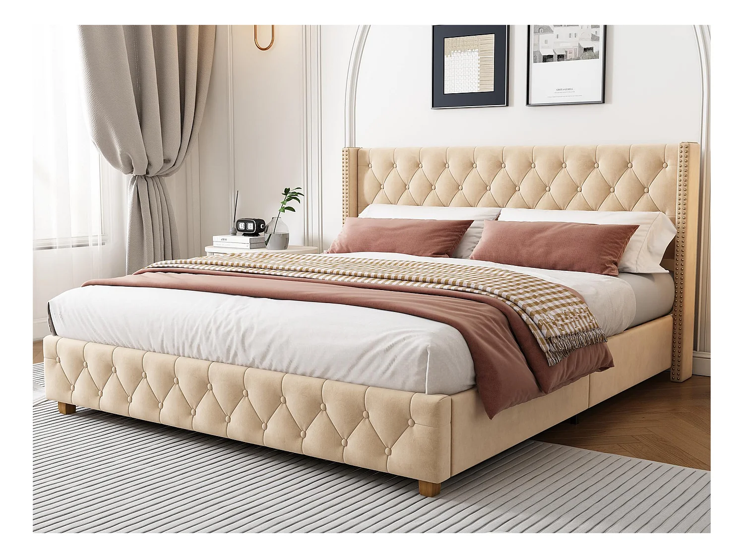 Lit double rembourré en velours 160x200cm avec sommier à lattes - Beige