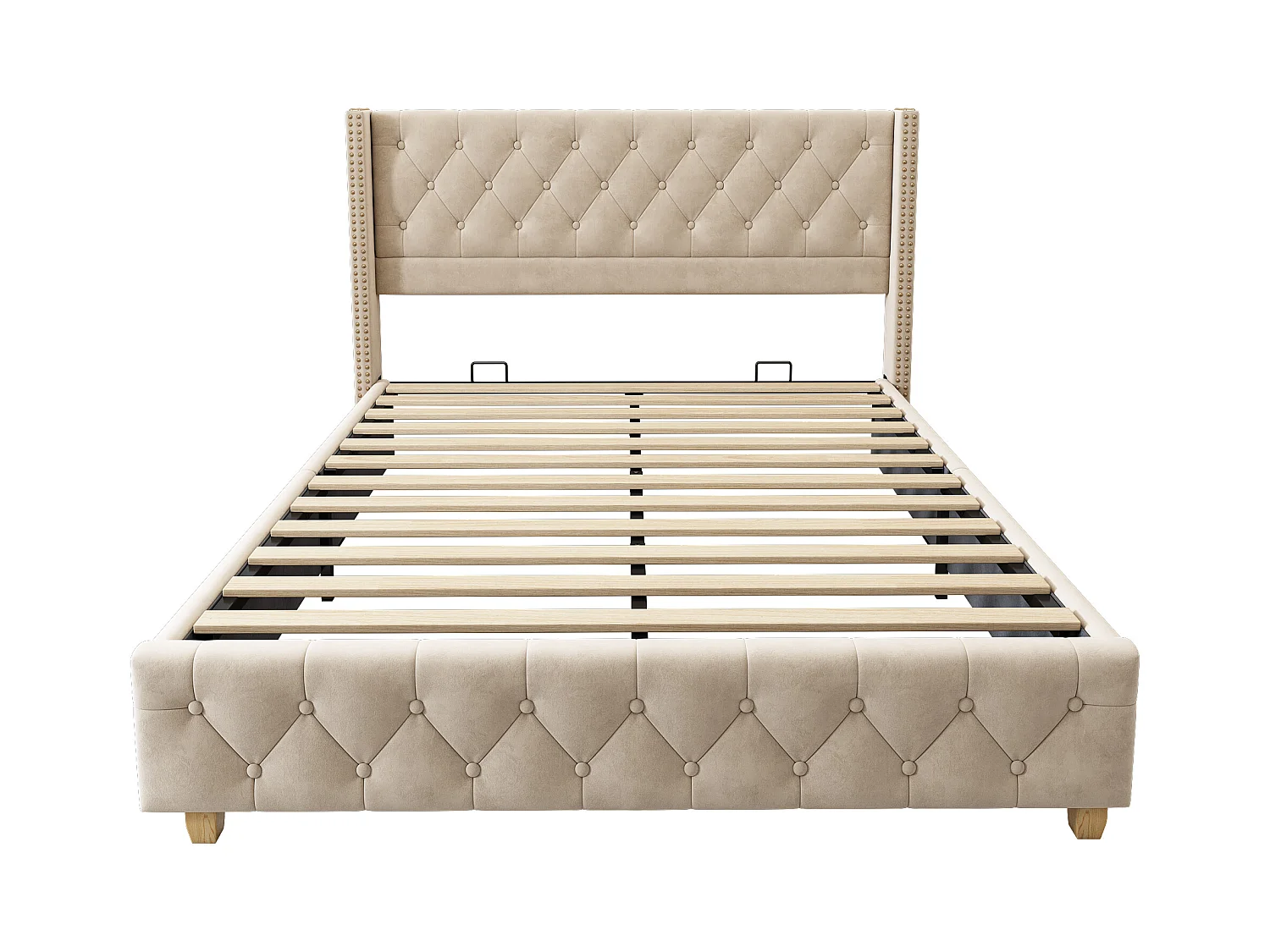 Lit double rembourré en velours 160x200cm avec sommier à lattes - Beige