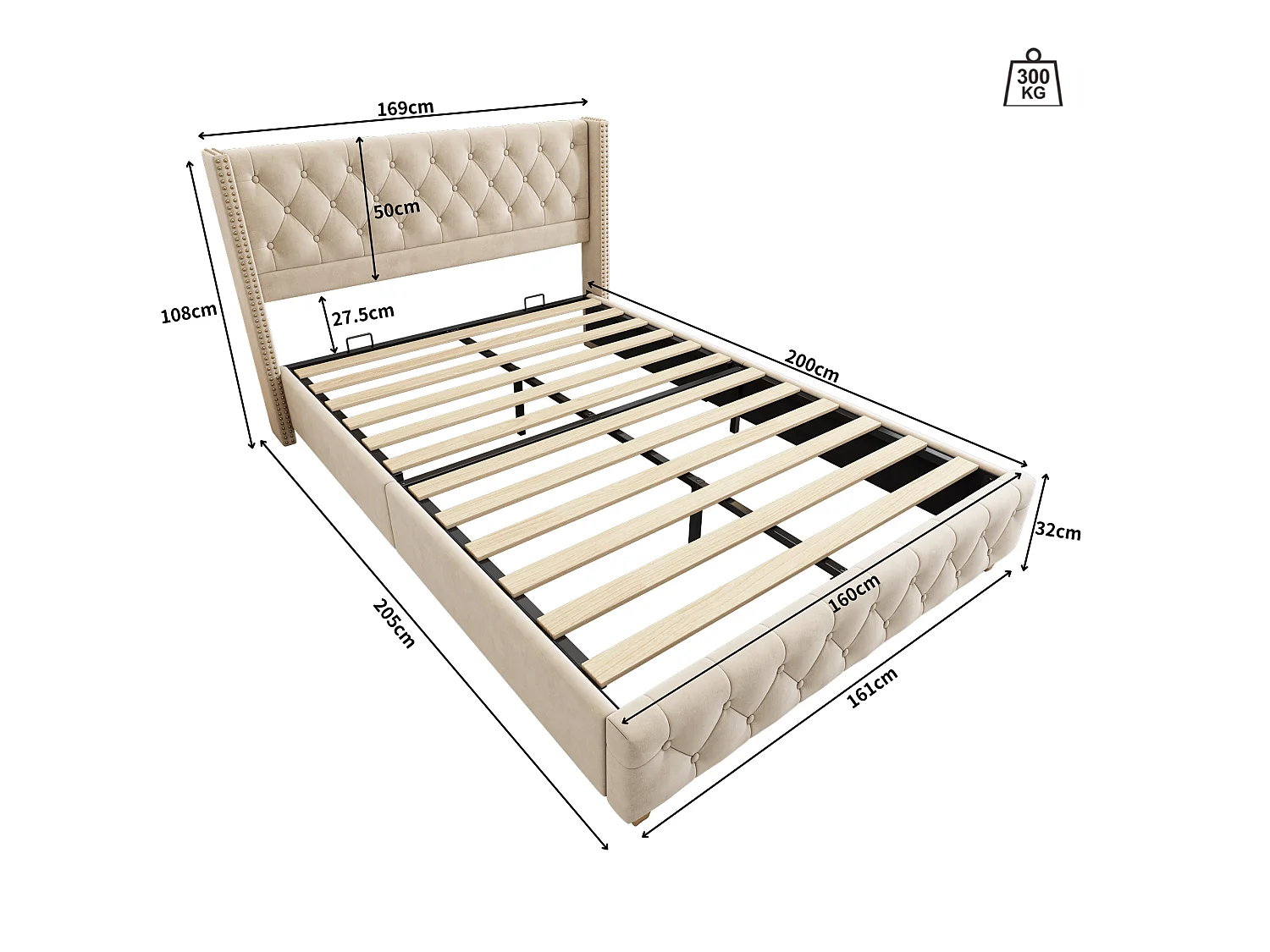 Fluweel gecapitonneerd volwassen bed - 160x200 cm - met lattenbodem - Beige