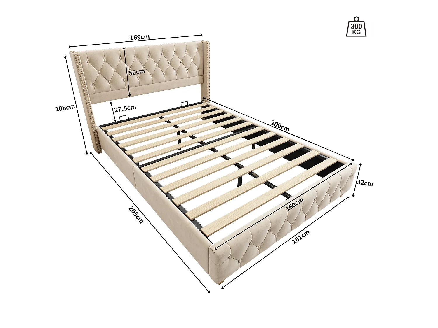 Lit double rembourré en velours 160x200cm avec sommier à lattes - Beige
