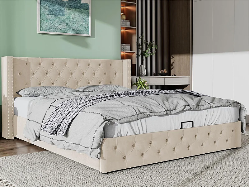 140 x 200 cm großes Samtbett mit Lattenrost – Beige