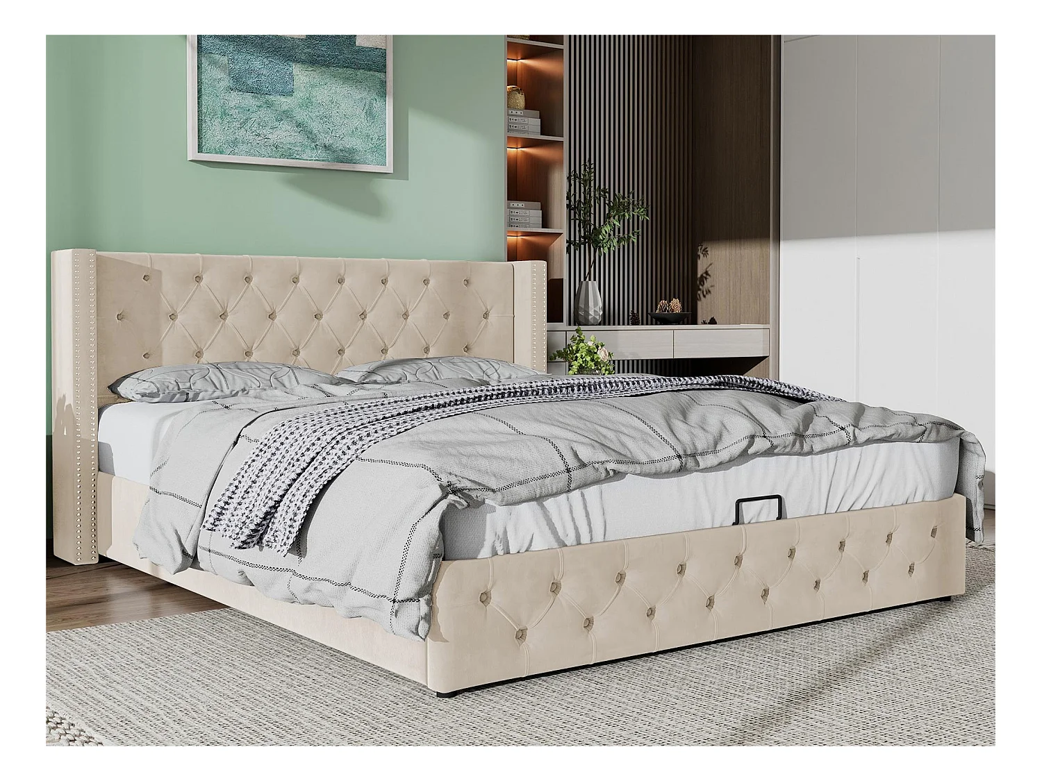 Lit coffre 140x200cm en velours avec sommier à lattes - Beige