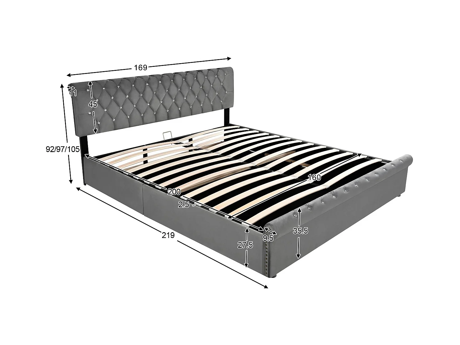 Lit coffre rembourré 160x200cm - tissu en velours - tête de lit réglable - Gris