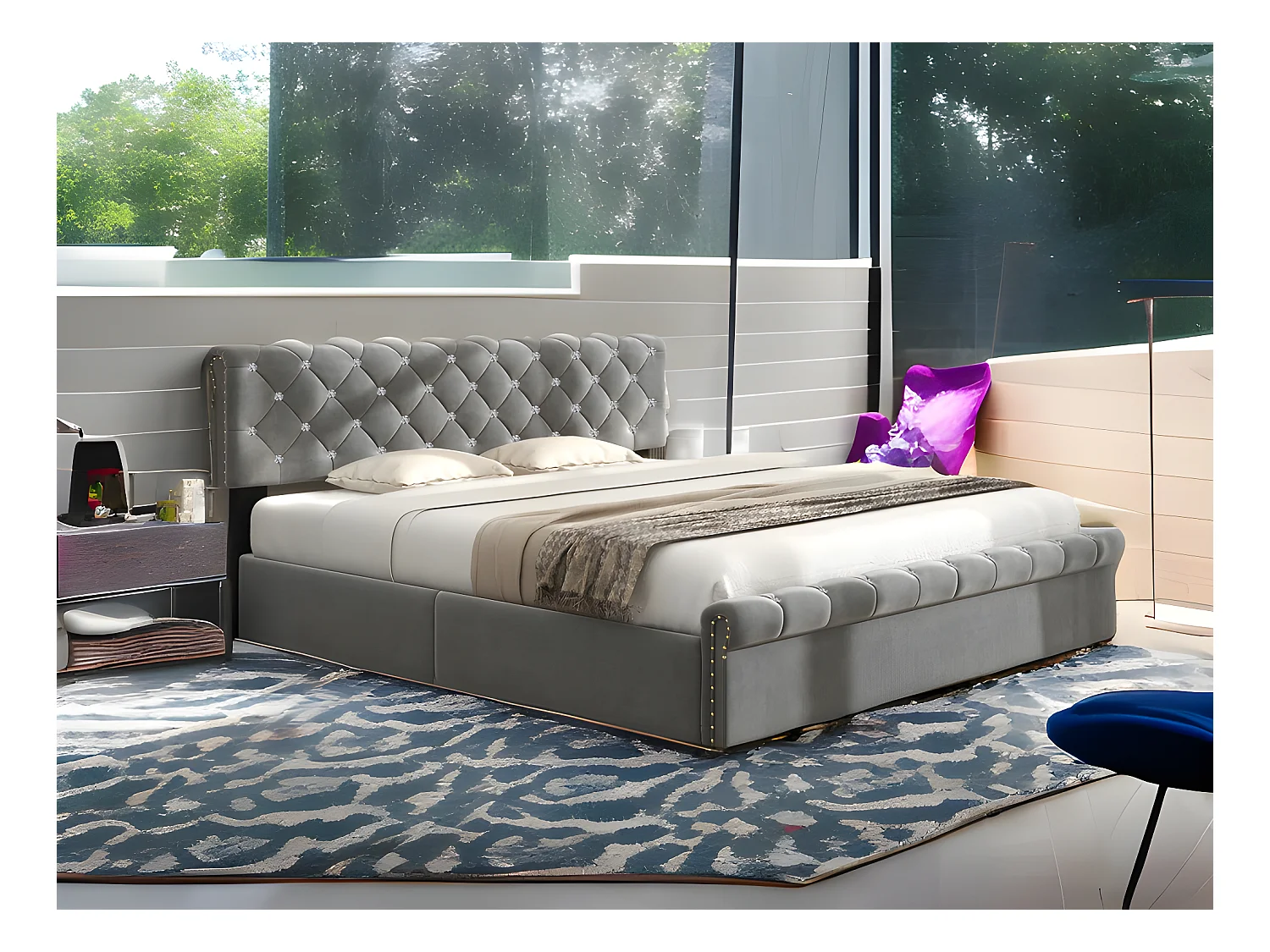 Lit coffre rembourré 160x200cm - tissu en velours - tête de lit réglable - Gris