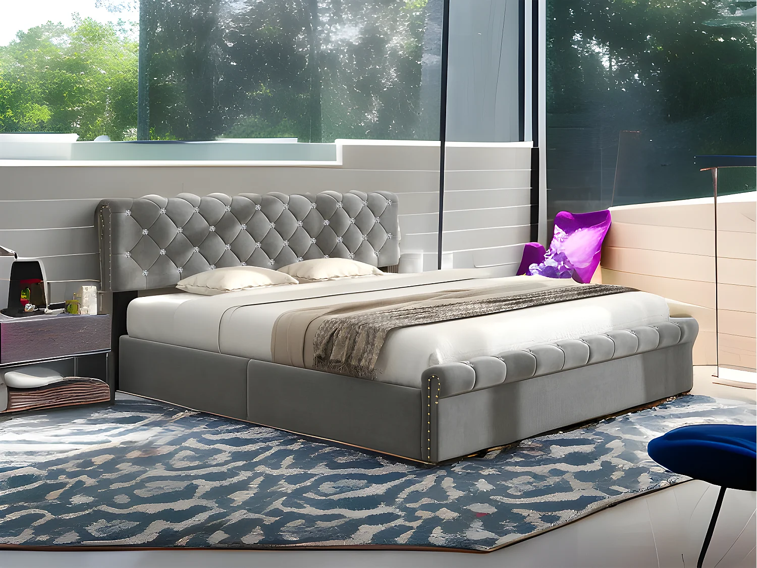 Gestoffeerd opbergbed 160x200cm - Fluwelen stof - verstelbaar hoofdeinde - Grijs