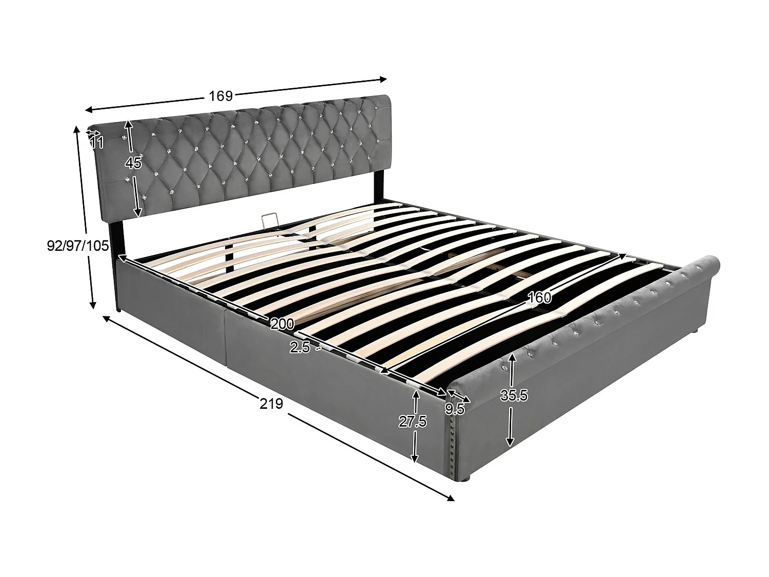 Gestoffeerd opbergbed 160x200cm - Fluwelen stof - verstelbaar hoofdeinde - Grijs