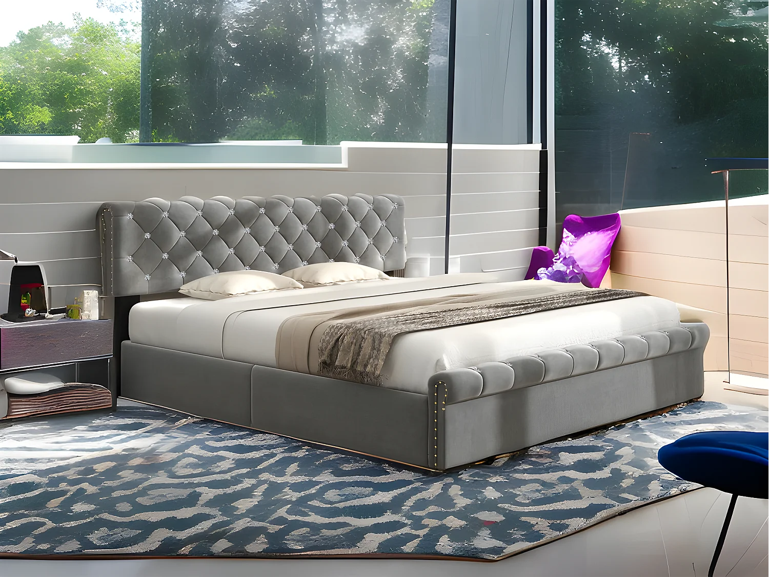 Gestoffeerd opbergbed 160x200cm - Fluwelen stof - verstelbaar hoofdeinde - Grijs