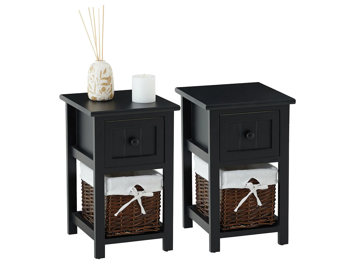 Lot de 2 tables de chevet MESSINA table de nuit avec 1 tiroir et 1  panier, en bois noir