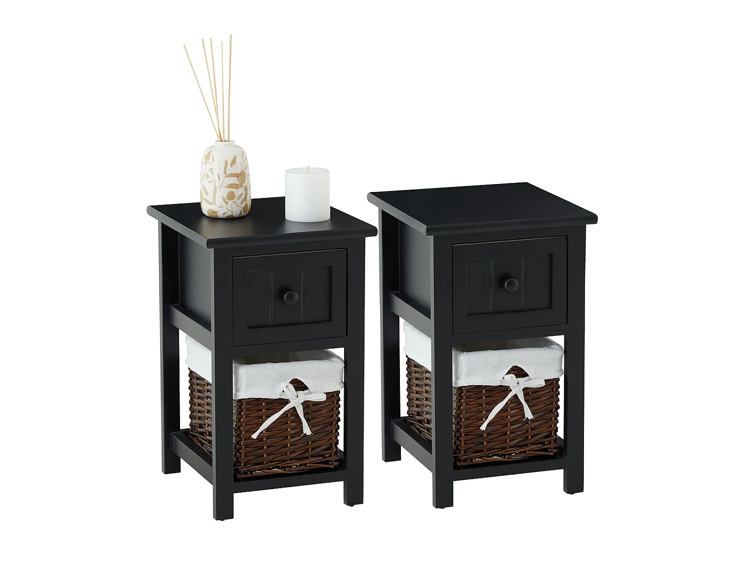 Lot de 2 tables de chevet MESSINA table de nuit avec 1 tiroir et 1  panier, en bois noir