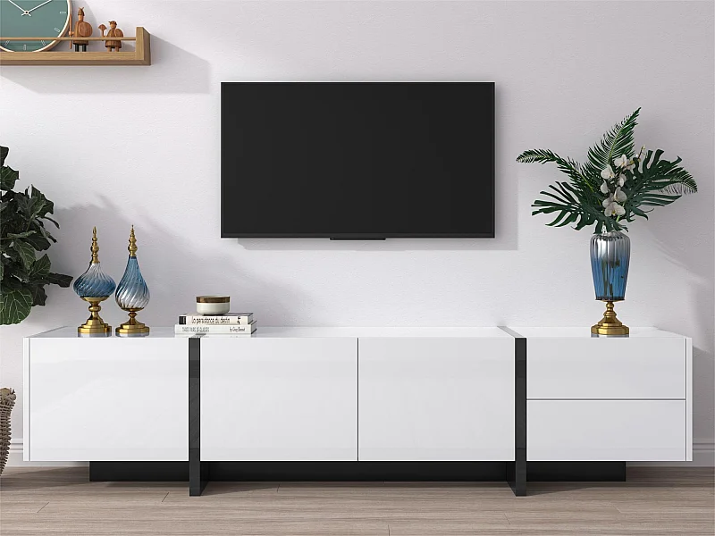 Modern TV-meubel 190cm met 3 deuren en 2 lades - Glanzend wit & Zwart