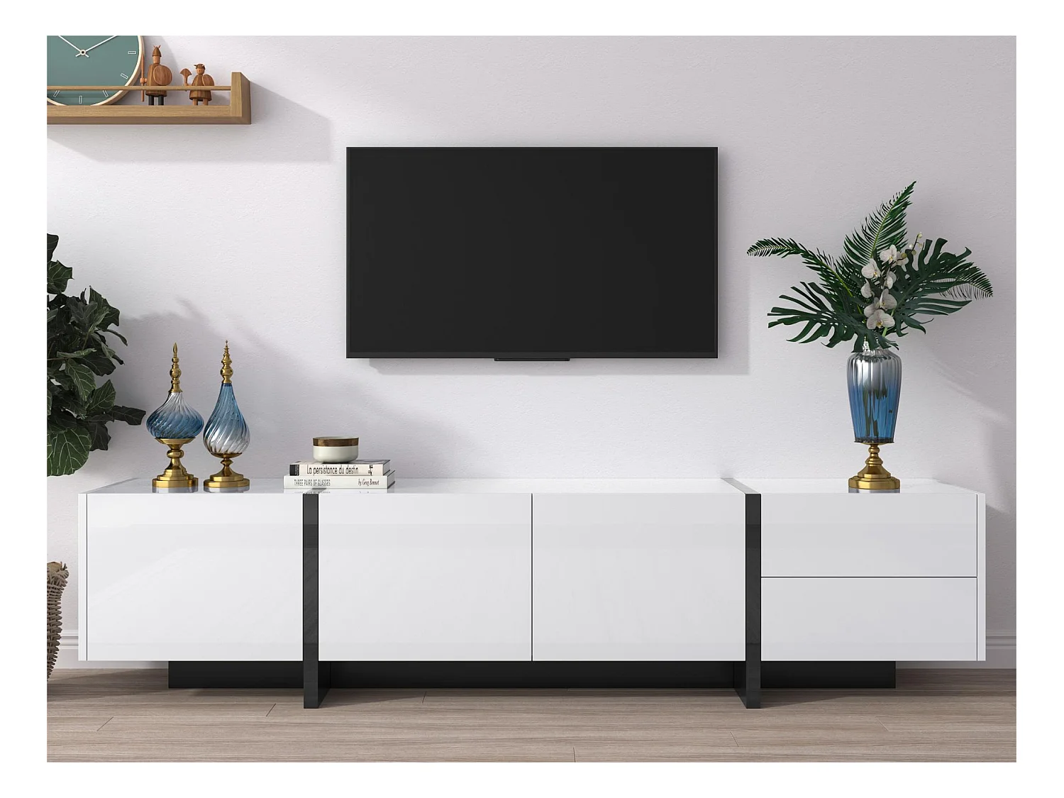 Meuble TV moderne 190cm avec 3 portes et 2 tiroirs - Blanc brillant & Noir