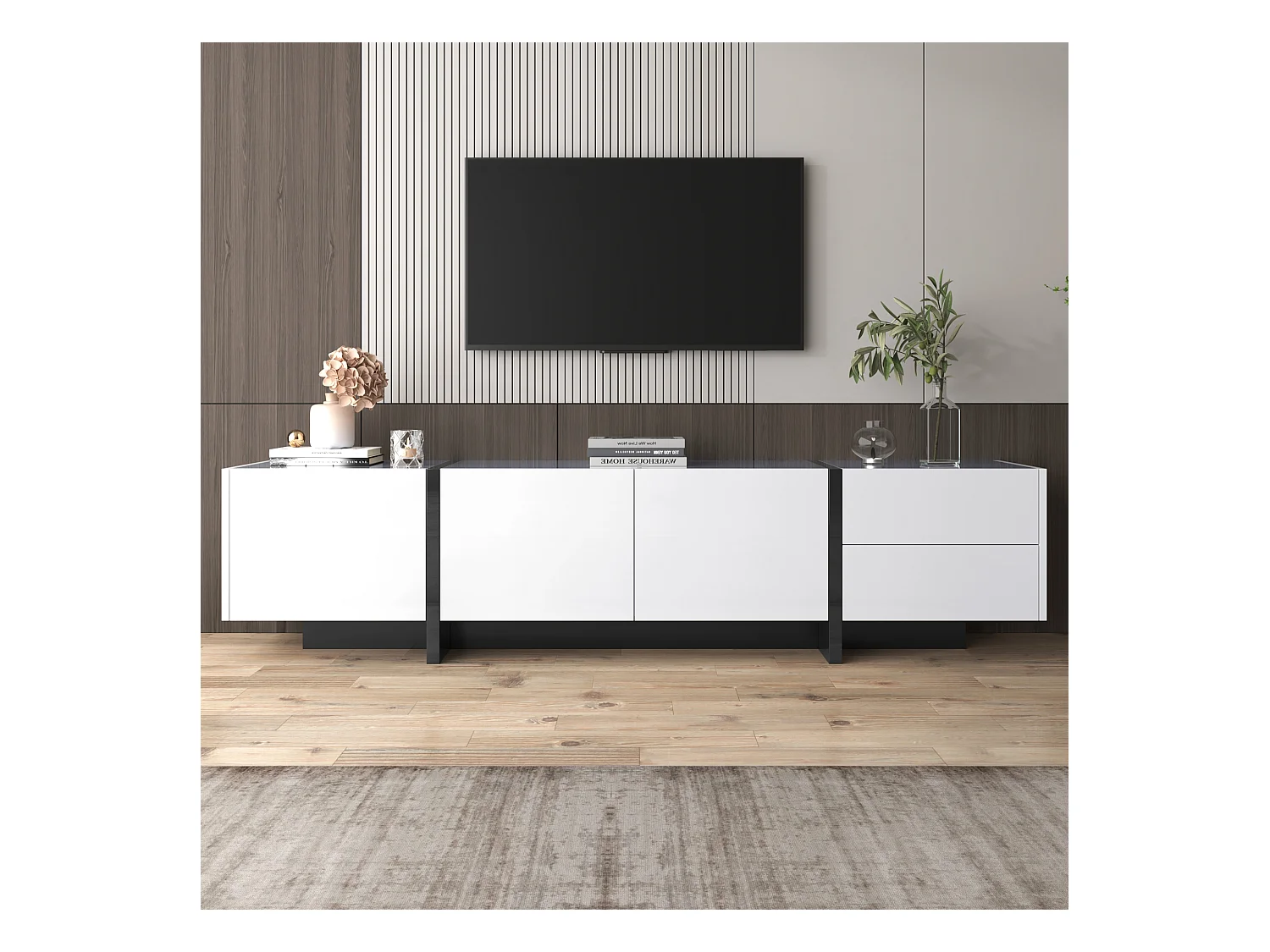 Meuble TV moderne 190cm avec 3 portes et 2 tiroirs - Blanc brillant & Noir