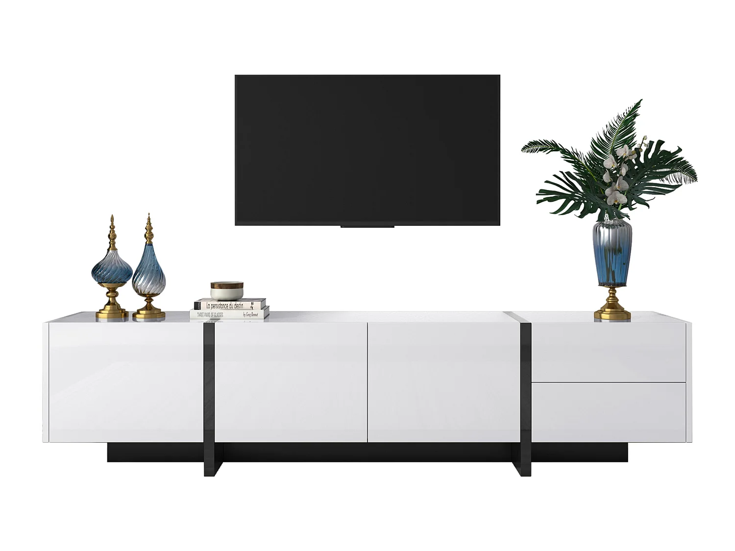 Meuble TV moderne 190cm avec 3 portes et 2 tiroirs - Blanc brillant & Noir
