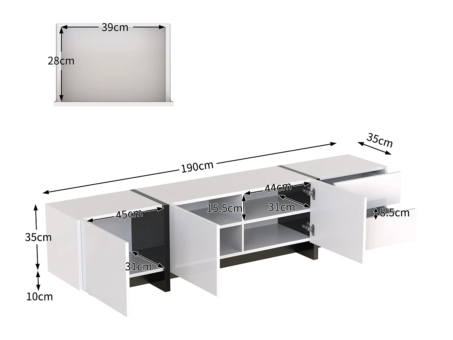 Meuble TV moderne 190cm avec 3 portes et 2 tiroirs - Blanc brillant & Noir