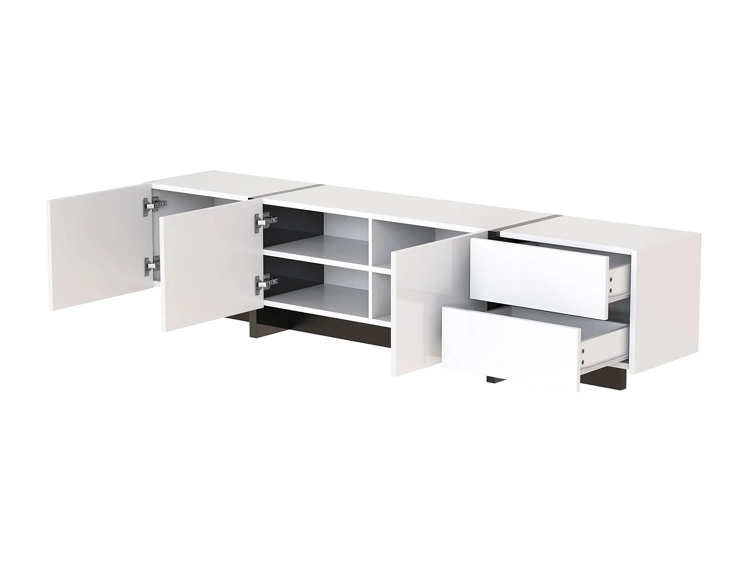 Meuble TV moderne 190cm avec 3 portes et 2 tiroirs - Blanc brillant & Noir