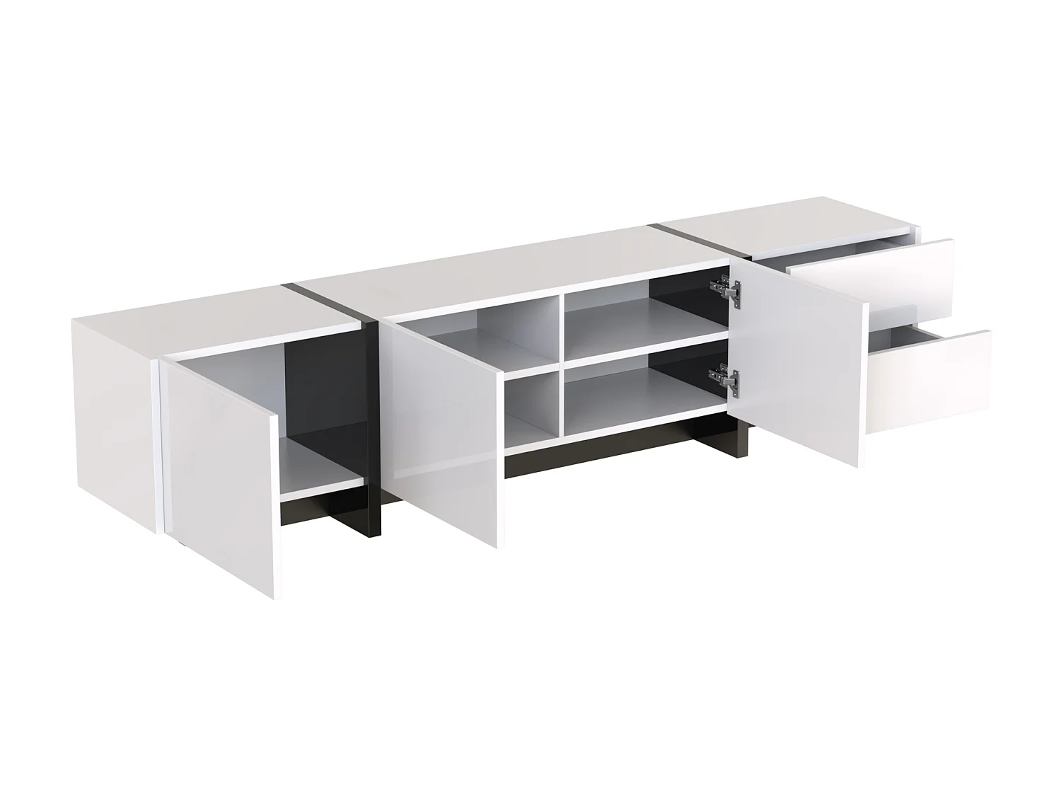 Meuble TV moderne 190cm avec 3 portes et 2 tiroirs - Blanc brillant & Noir