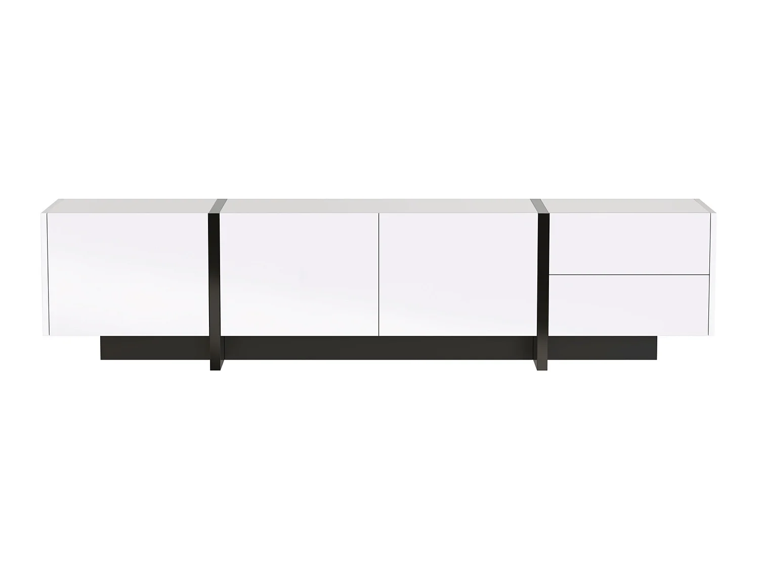Meuble TV moderne 190cm avec 3 portes et 2 tiroirs - Blanc brillant & Noir