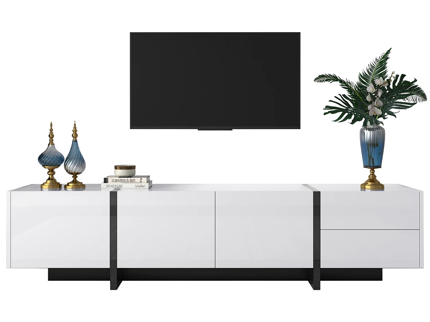 Meuble TV moderne 190cm avec 3 portes et 2 tiroirs - Blanc brillant & Noir