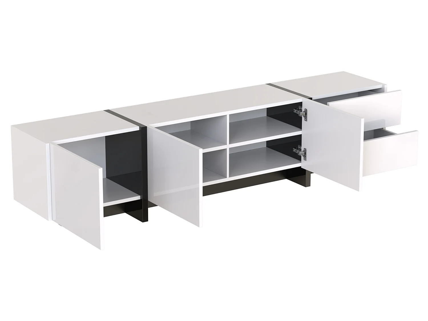 Meuble TV moderne 190cm avec 3 portes et 2 tiroirs - Blanc brillant & Noir