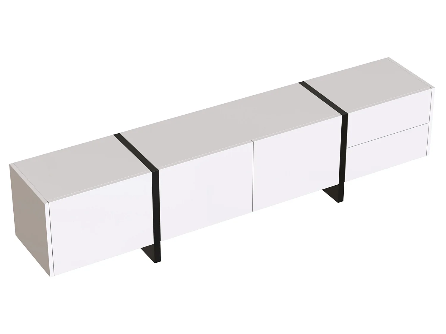 Meuble TV moderne 190cm avec 3 portes et 2 tiroirs - Blanc brillant & Noir