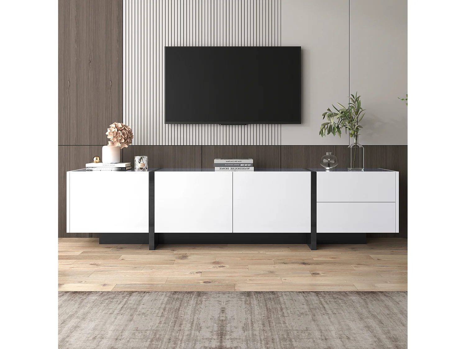 Meuble TV moderne 190cm avec 3 portes et 2 tiroirs - Blanc brillant & Noir