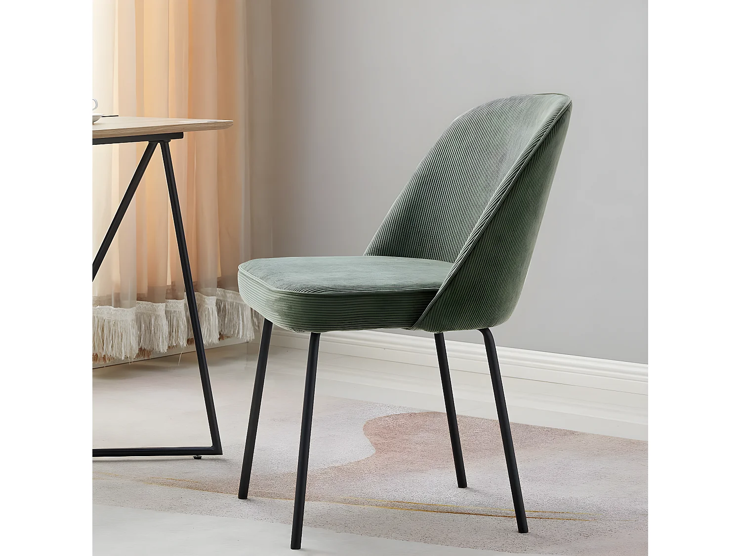 Lot de 2 chaises de salle à manger en velours côtelé vert, piètement noir - Olden