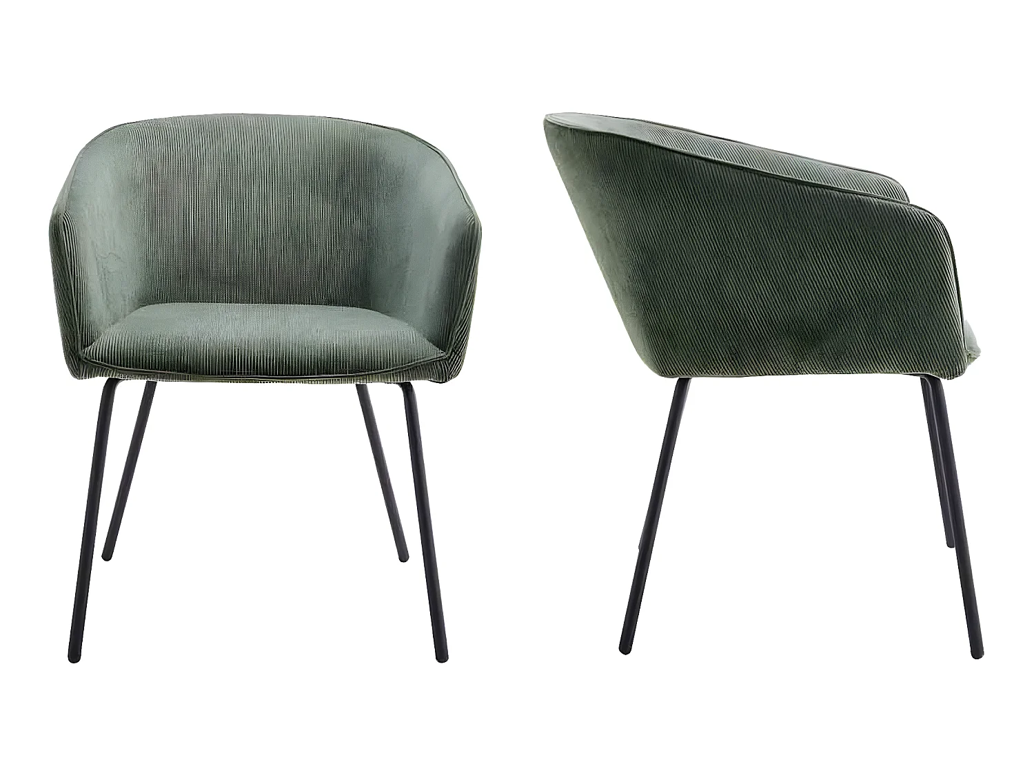 Lot de 2 fauteuils de table en velours côtelé vert, piètement noir - Swann