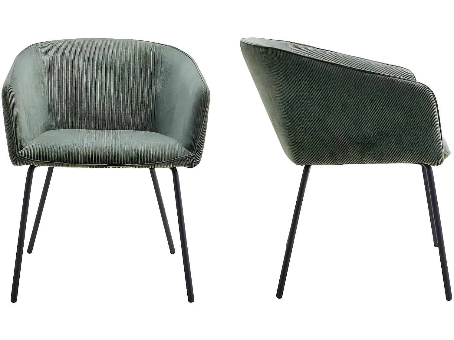 Lot de 2 fauteuils de table en velours côtelé vert, piètement noir - Swann