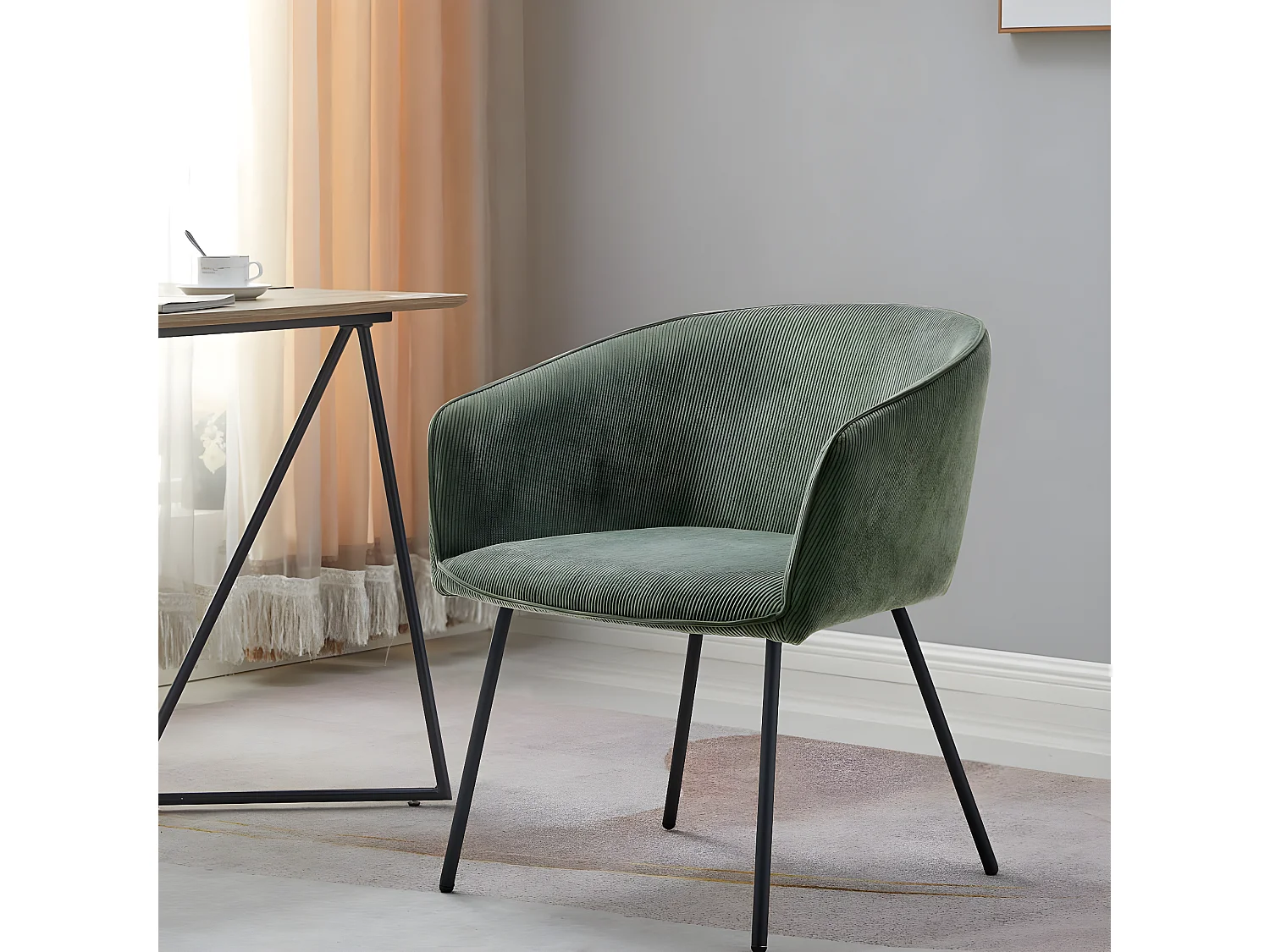 Lot de 2 fauteuils de table en velours côtelé vert, piètement noir - Swann