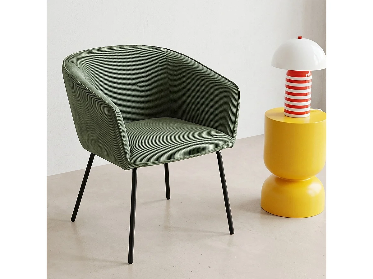 Lot de 2 fauteuils de table en velours côtelé vert, piètement noir - Swann