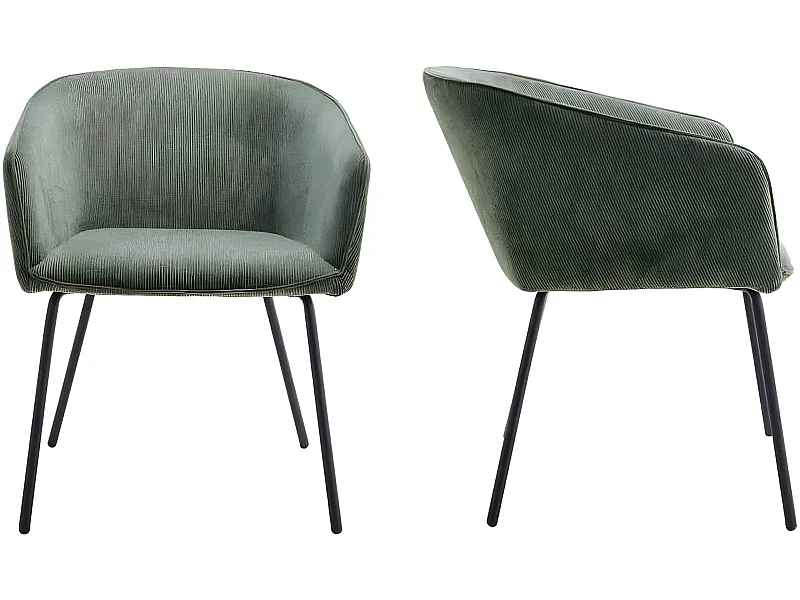 Lot de 2 fauteuils de table en velours côtelé vert, piètement noir - Swann