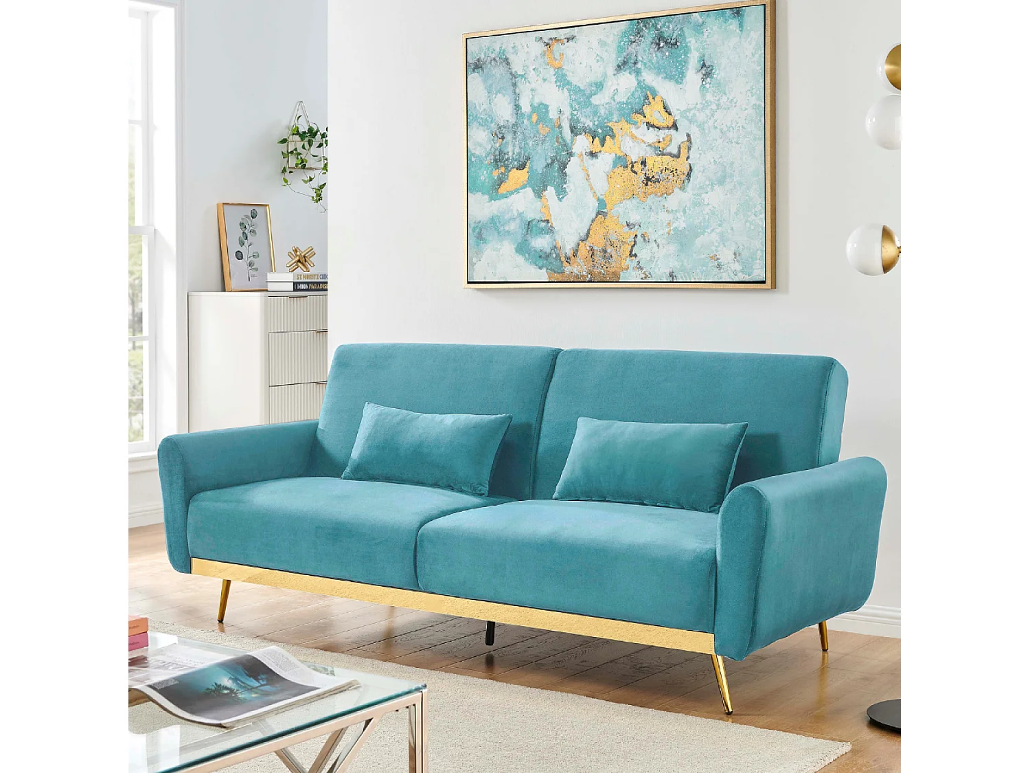 Divano letto trasformabile a 3 posti in velluto blu CYANO