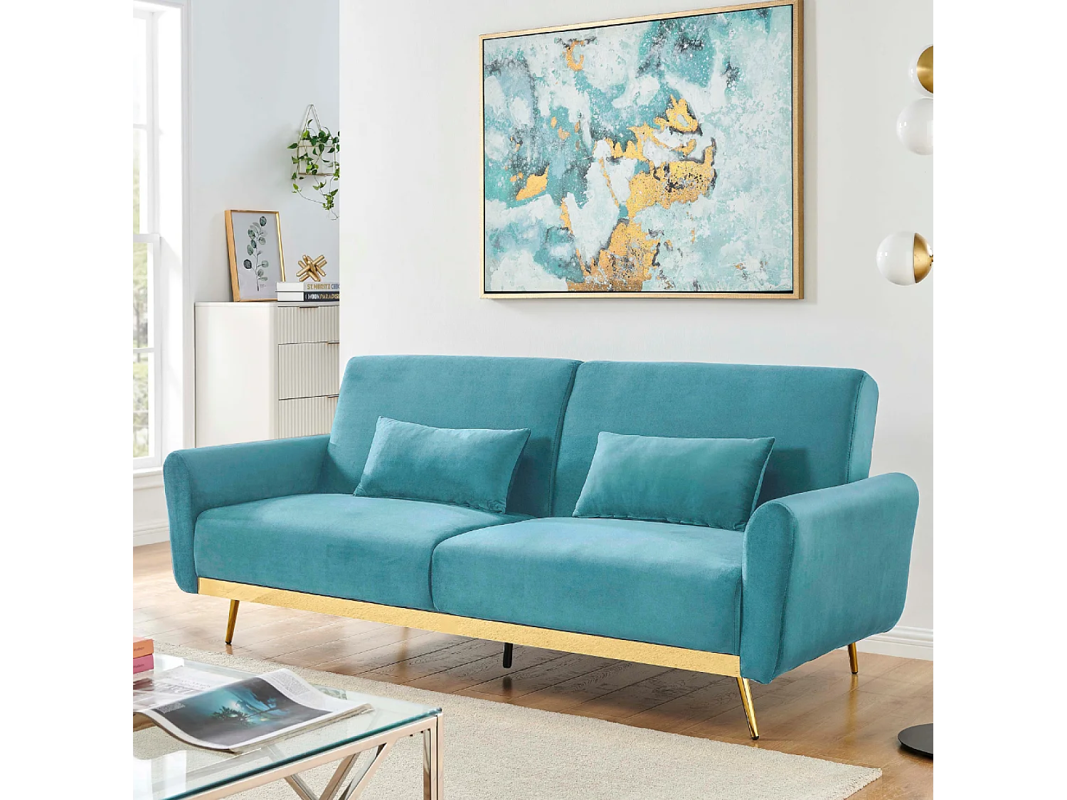 Canapé convertible 3 places en velours bleu CYANO