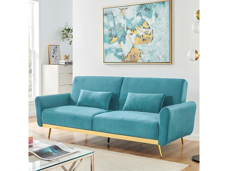 Canapé convertible 3 places en velours bleu CYANO