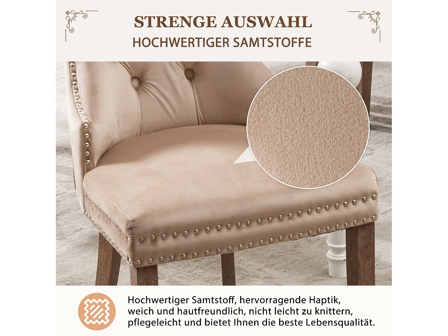 2er-Set Esszimmerstühle – Wohnzimmerstühle mit Rückenlehne – Sitz aus Samt und Beine aus Massivholz – Beige