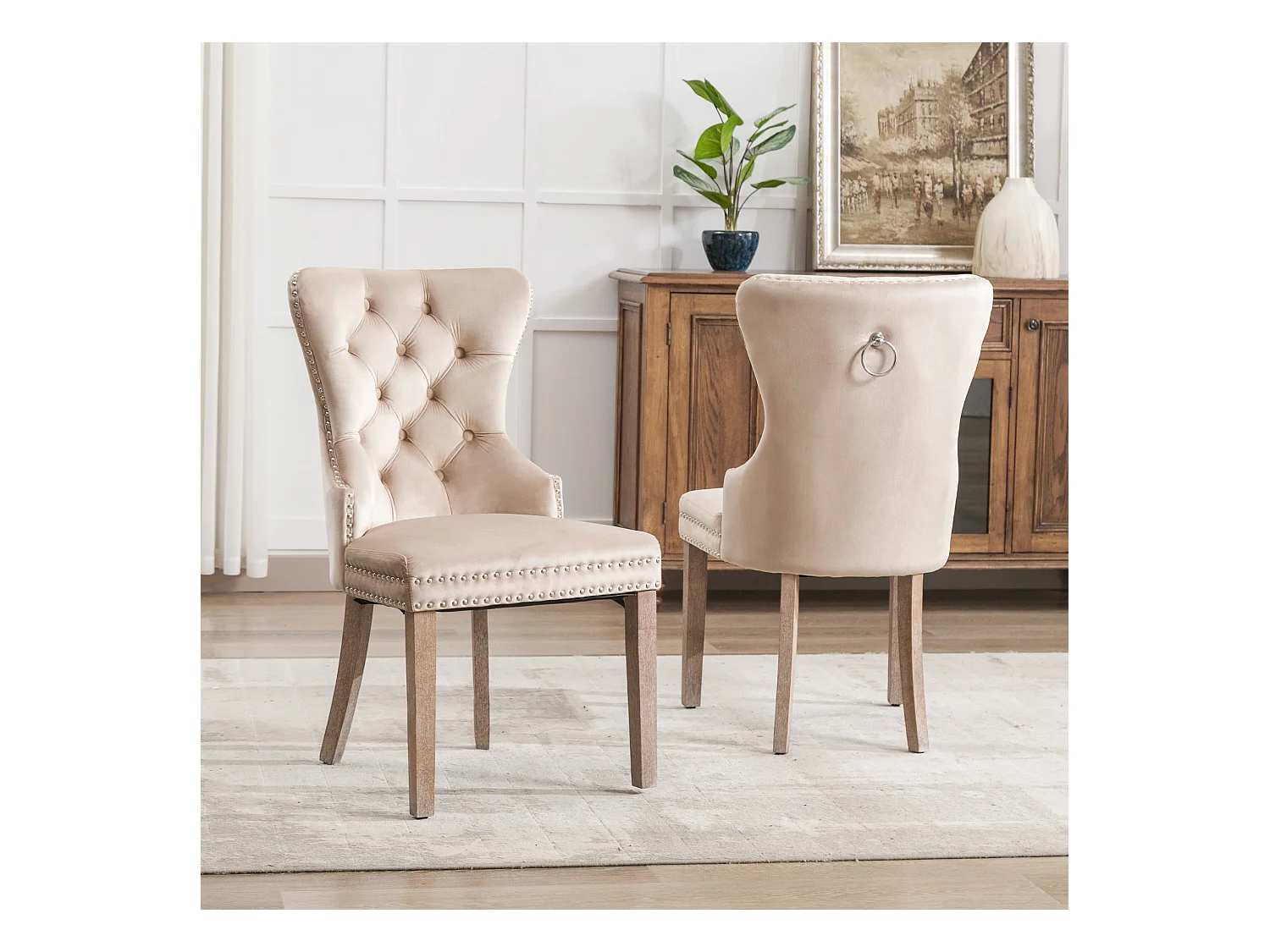 Lot de 2 chaises de salle à manger - chaises de salon avec dossier - assise en velours et pièds en bois massif - beige