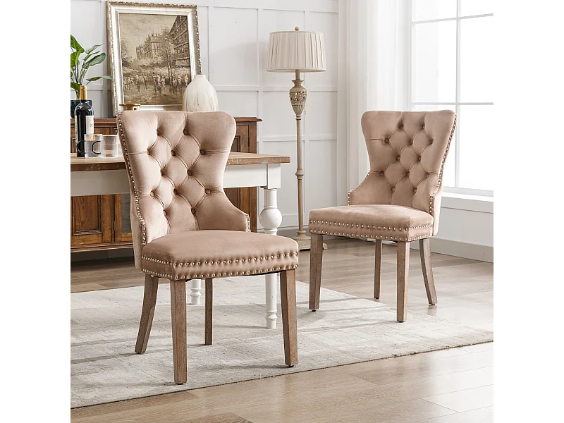 Set van 2 eetkamerstoelen - woonkamerstoelen met rugleuning - fluwelen zitting en massief houten poten - bruin