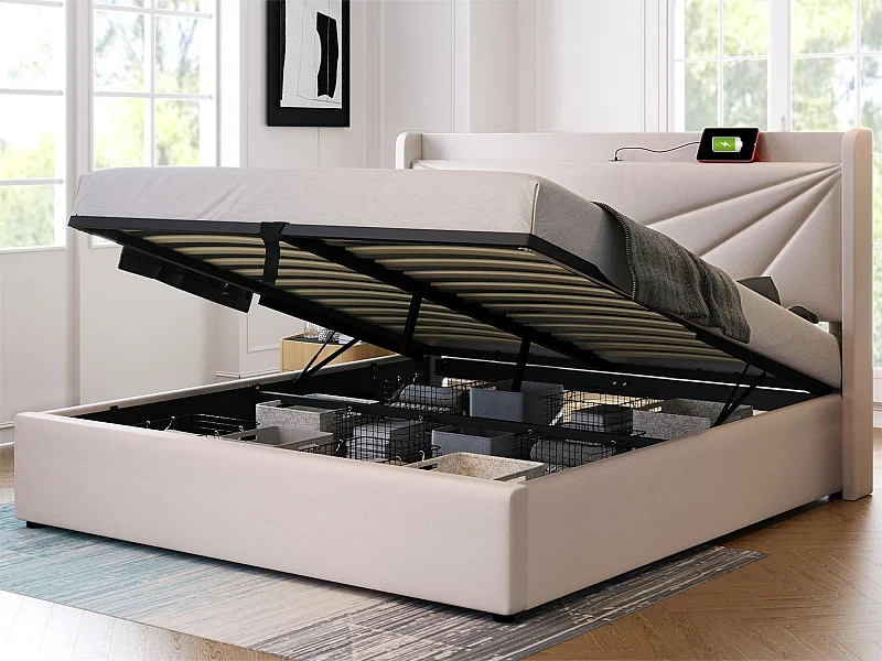 Lit coffre 140 x 200 cm - USB et type C - tissu lin - sommier à lattes - beige