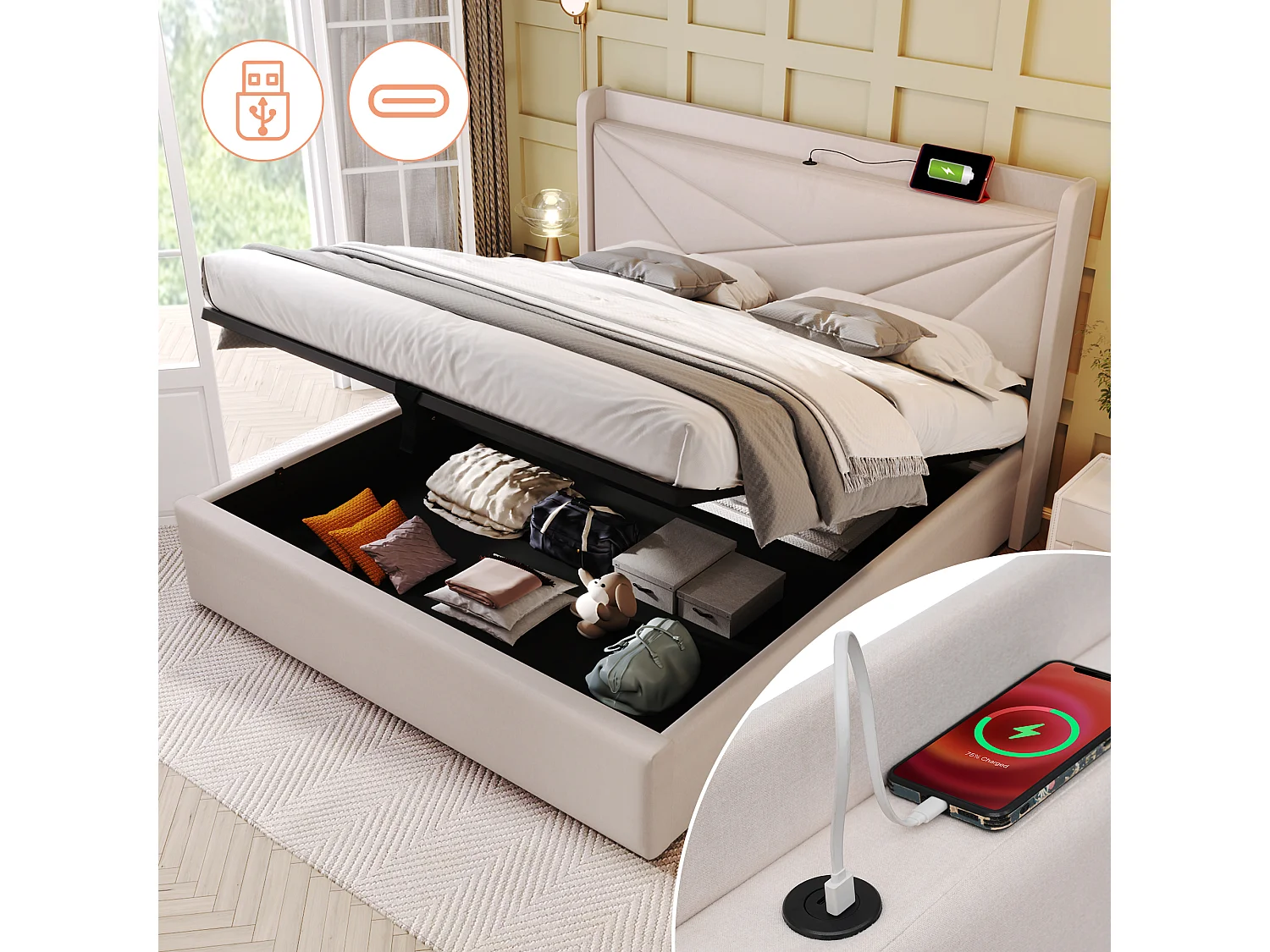 Lit coffre 140 x 200 cm - USB et type C - tissu lin - sommier à lattes - beige