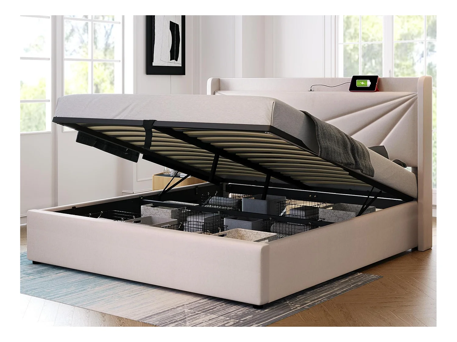 Lit coffre 140 x 200 cm - USB et type C - tissu lin - sommier à lattes - beige