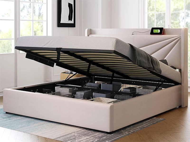 Cama de armazenamento 140 x 200 cm - USB e tipo C - tecido de linho - base de ripas - bege