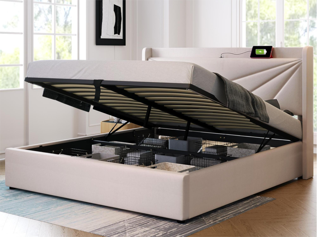 Opbergbed 140 x 200 cm - USB en type C - linnen stof - lattenbodem - beige