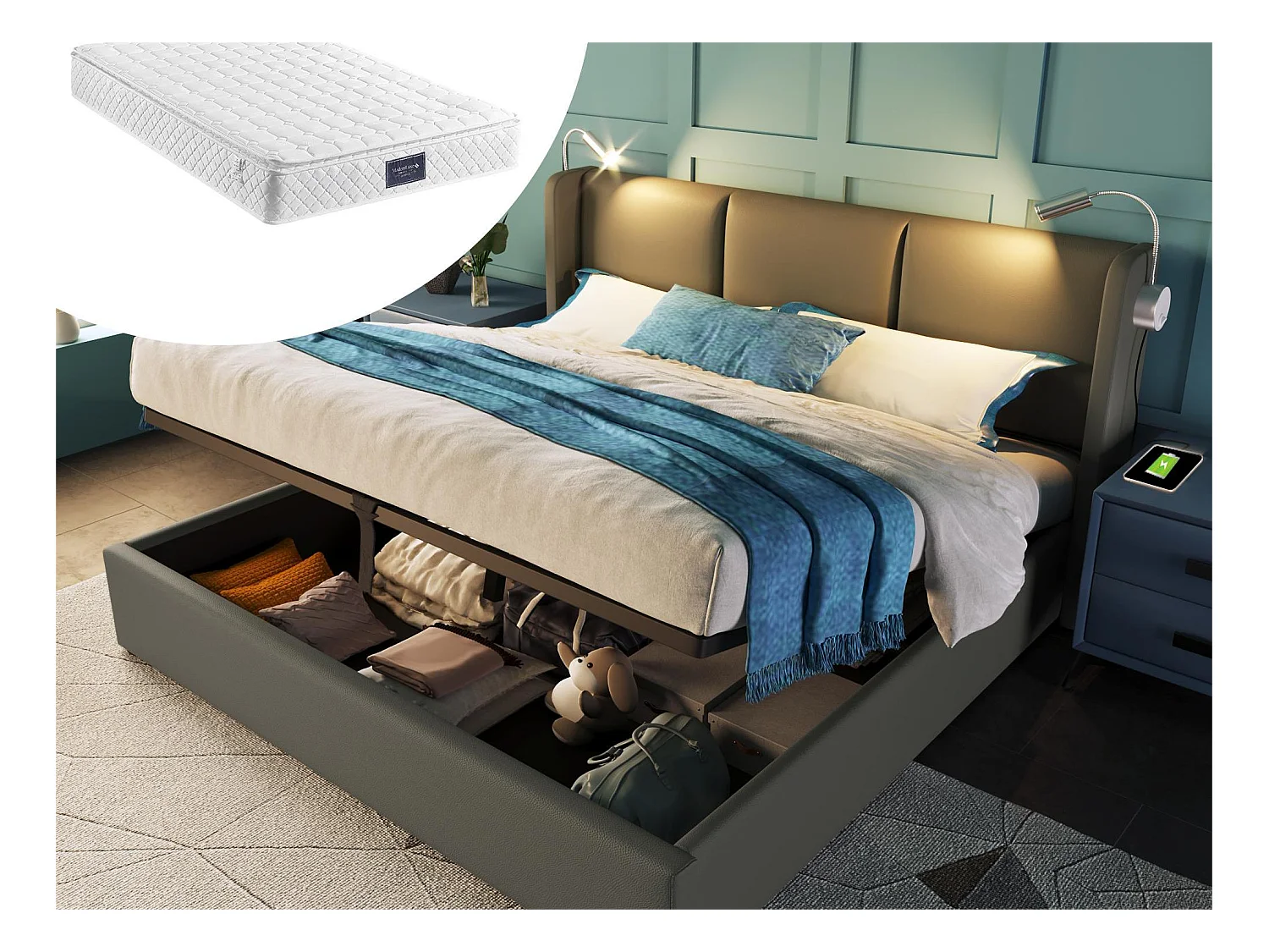 Lit coffre 140 x 200 cm - cuir pu - lampe de lecture et USB - gris + matelas
