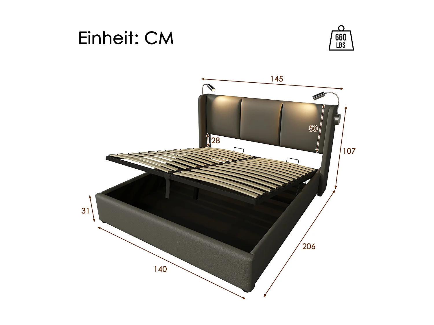 Lit coffre 140 x 200 cm - cuir pu - lampe de lecture et USB - gris + matelas