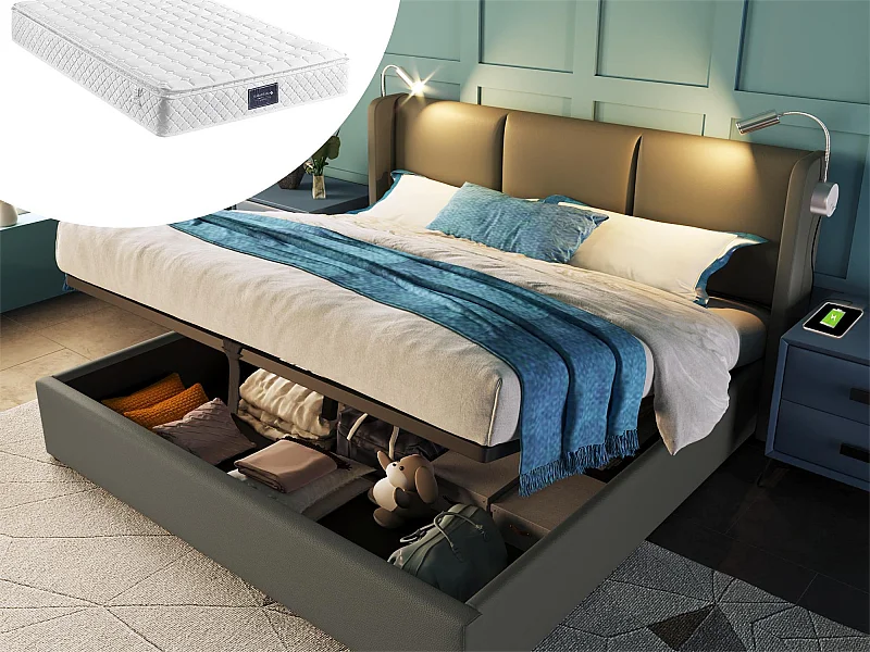 Lit coffre 140 x 200 cm - cuir pu - lampe de lecture et USB - gris + matelas