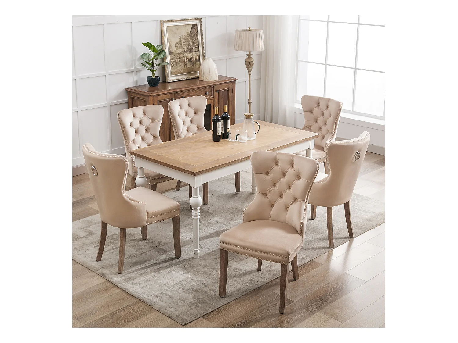 Lot de 6 chaises de salle à manger - chaises de salon avec dossier - assise en velours et pièds en bois massif - beige